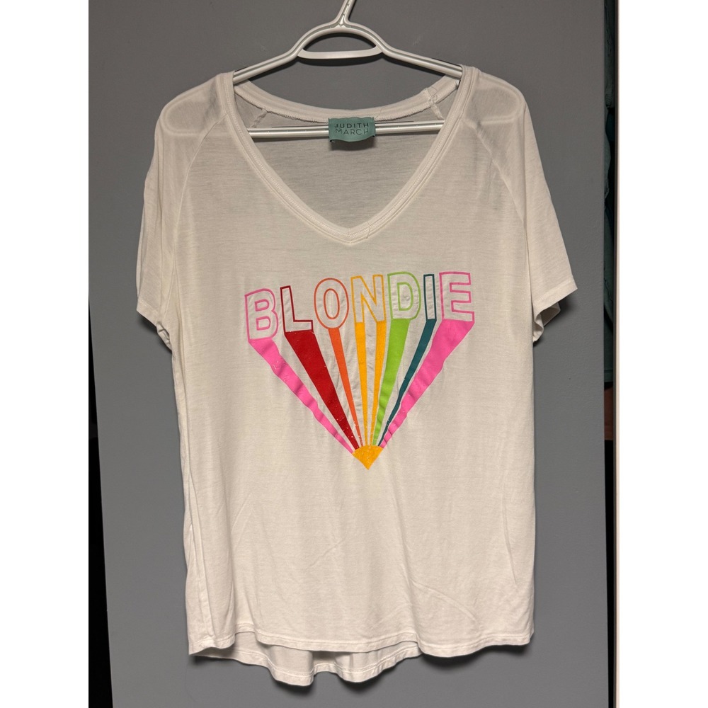 Judith March Blondie Graphic Tee White Rainbow V-Neck Short Sleeve Top Medium
